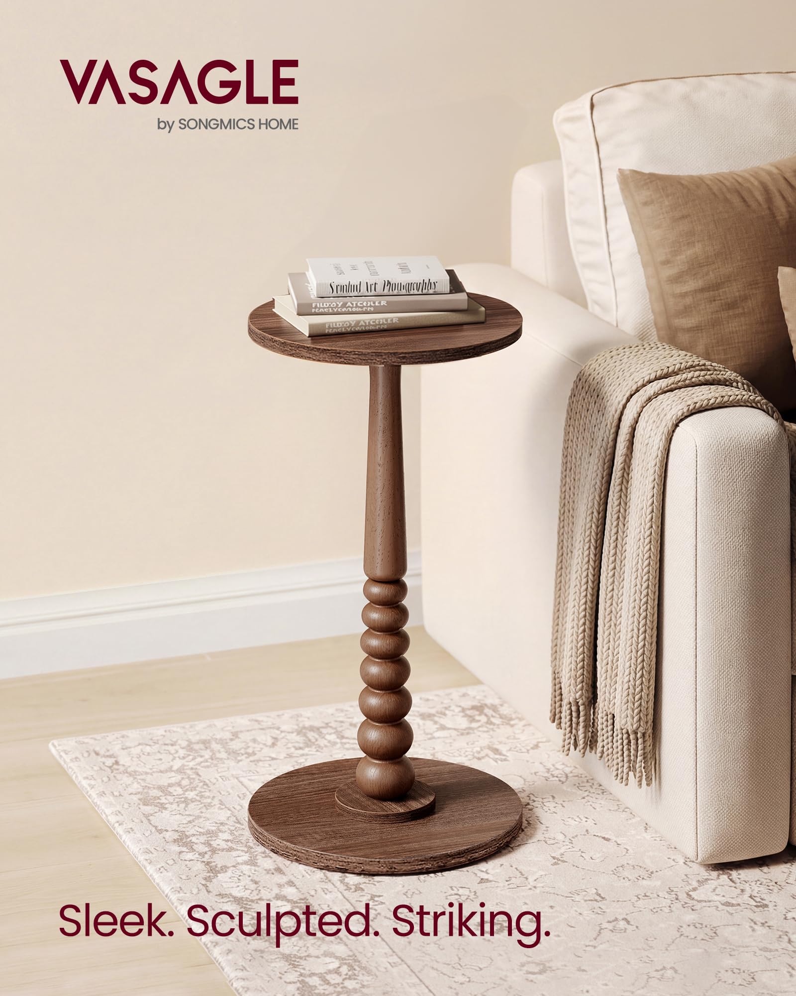 VASAGLE MARIEL round side table side view; fits beside sofa for drinks and lamps.