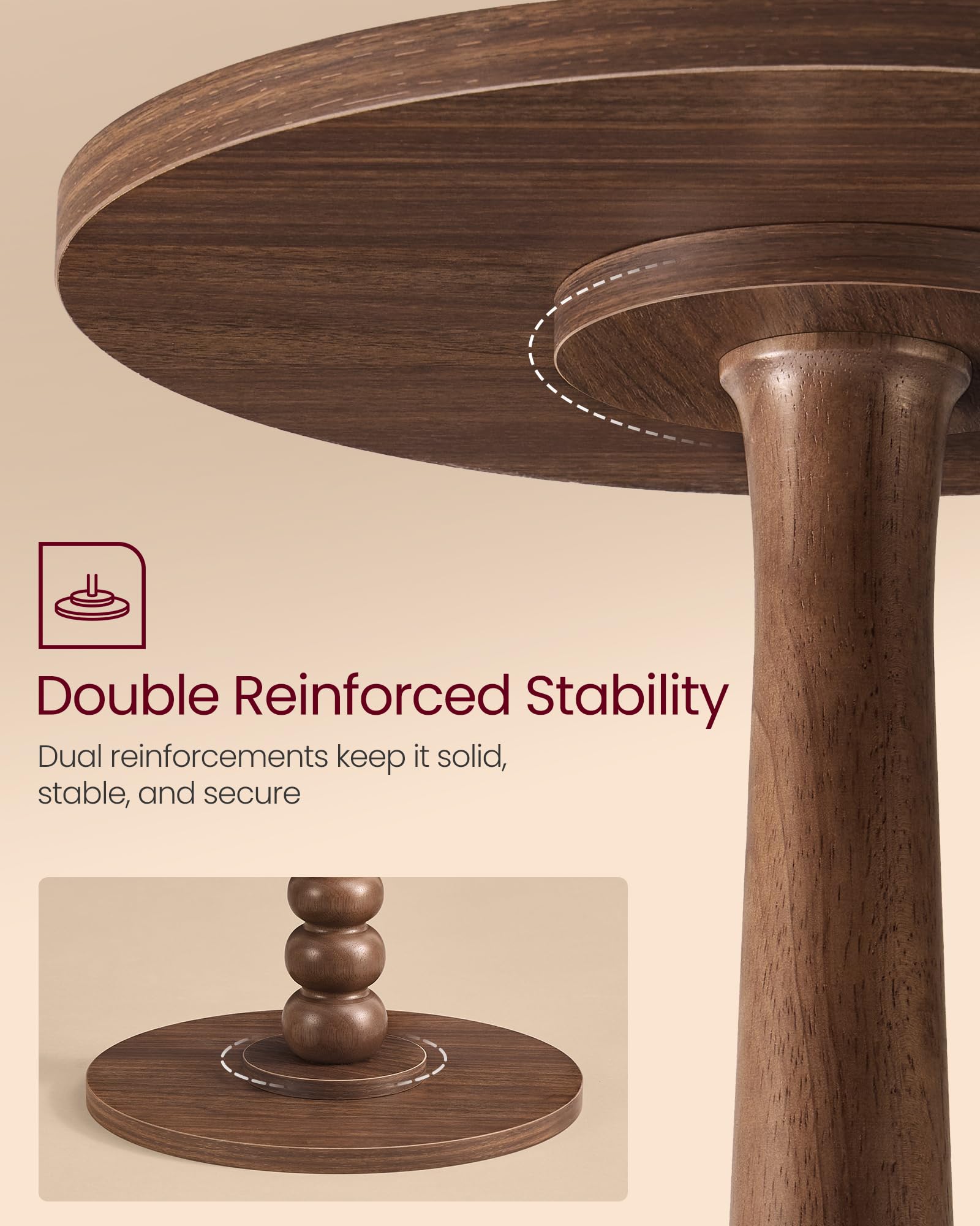 VASAGLE MARIEL round side table top closeup; smooth Chestnut Walnut surface for easy upkeep.