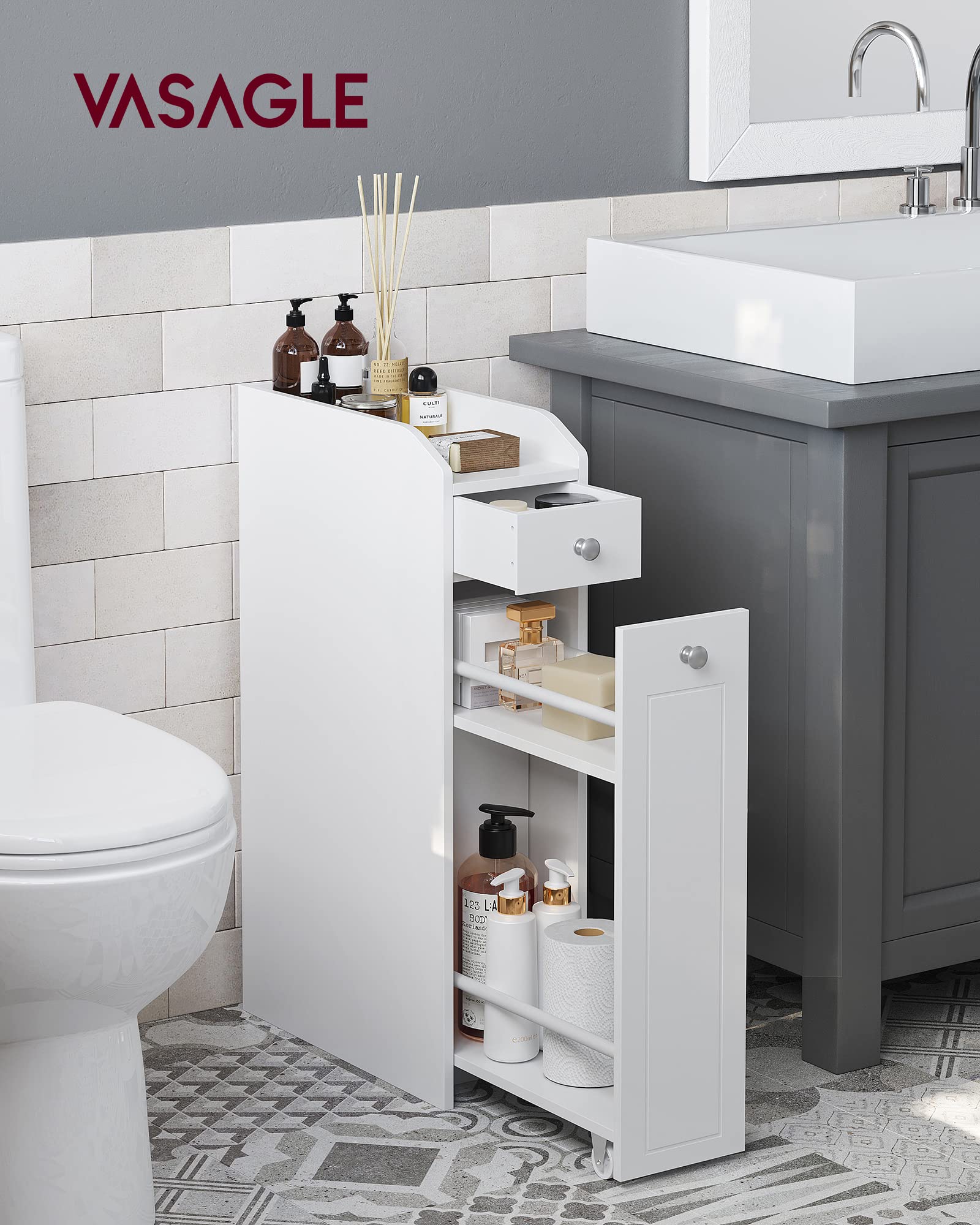 VASAGLE narrow 4-tier drawer cabinet for quick access and organization.