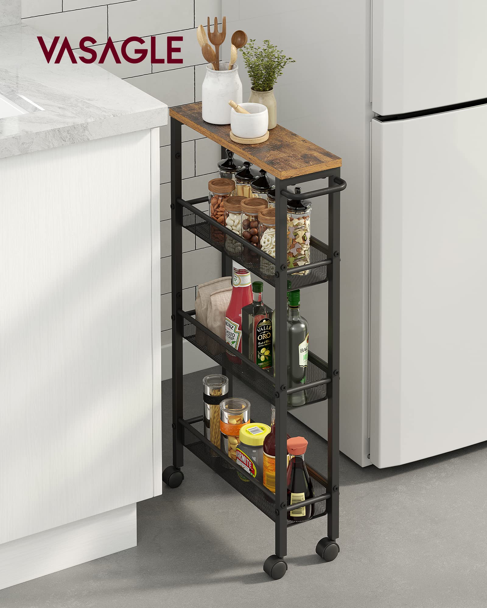 VASAGLE narrow-gap storage cart with handle fits beside fridge or counters.