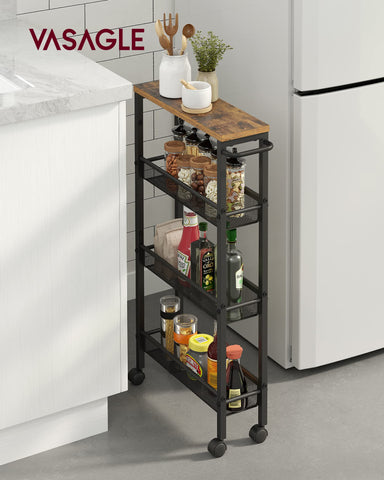 VASAGLE narrow-gap storage cart with handle fits beside fridge or counters.