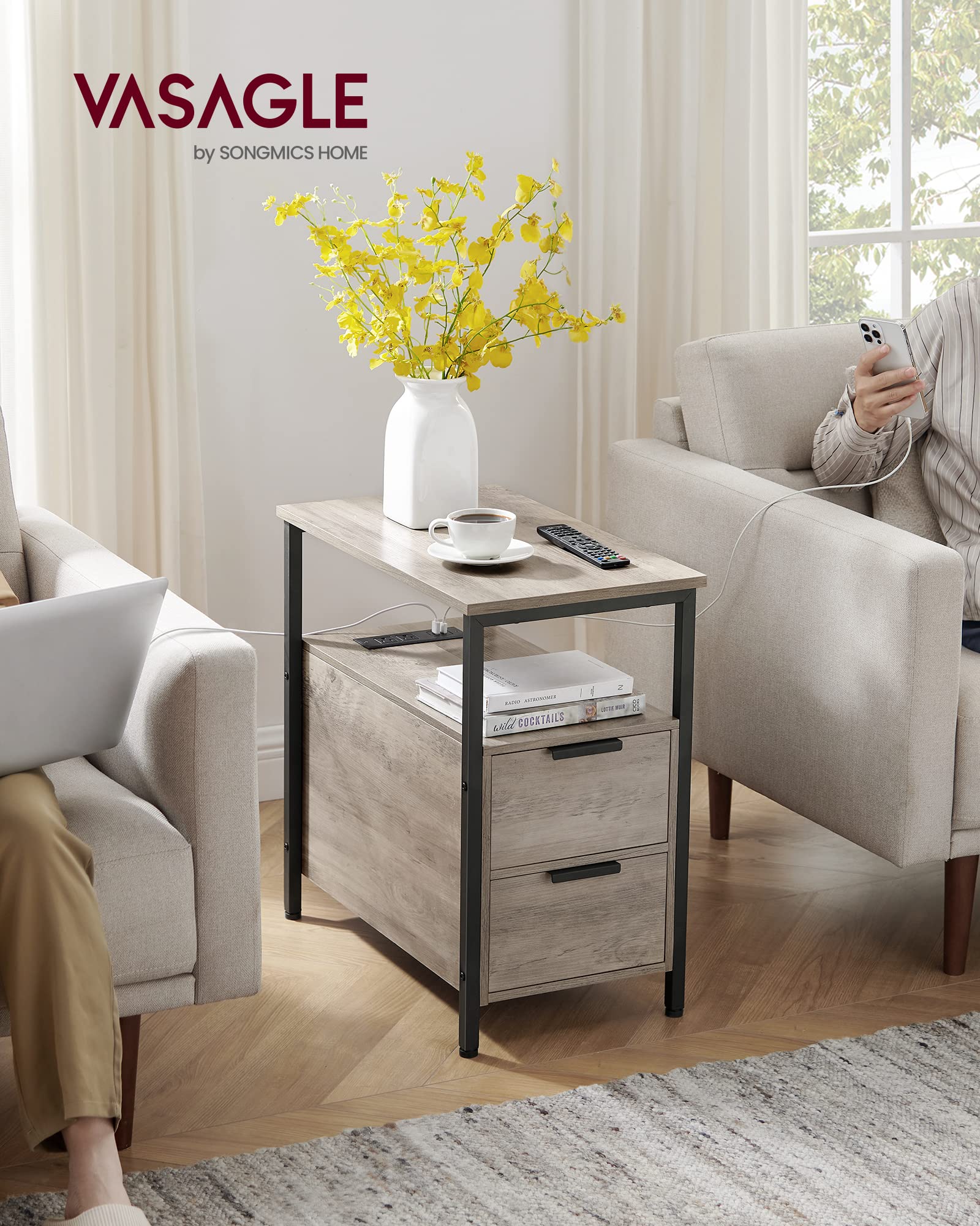 VASAGLE narrow nightstand with two drawers and back magazine holder keeps essentials organized.