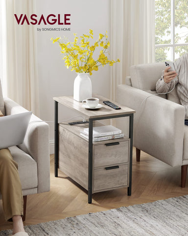 VASAGLE narrow nightstand with two drawers and back magazine holder keeps essentials organized.