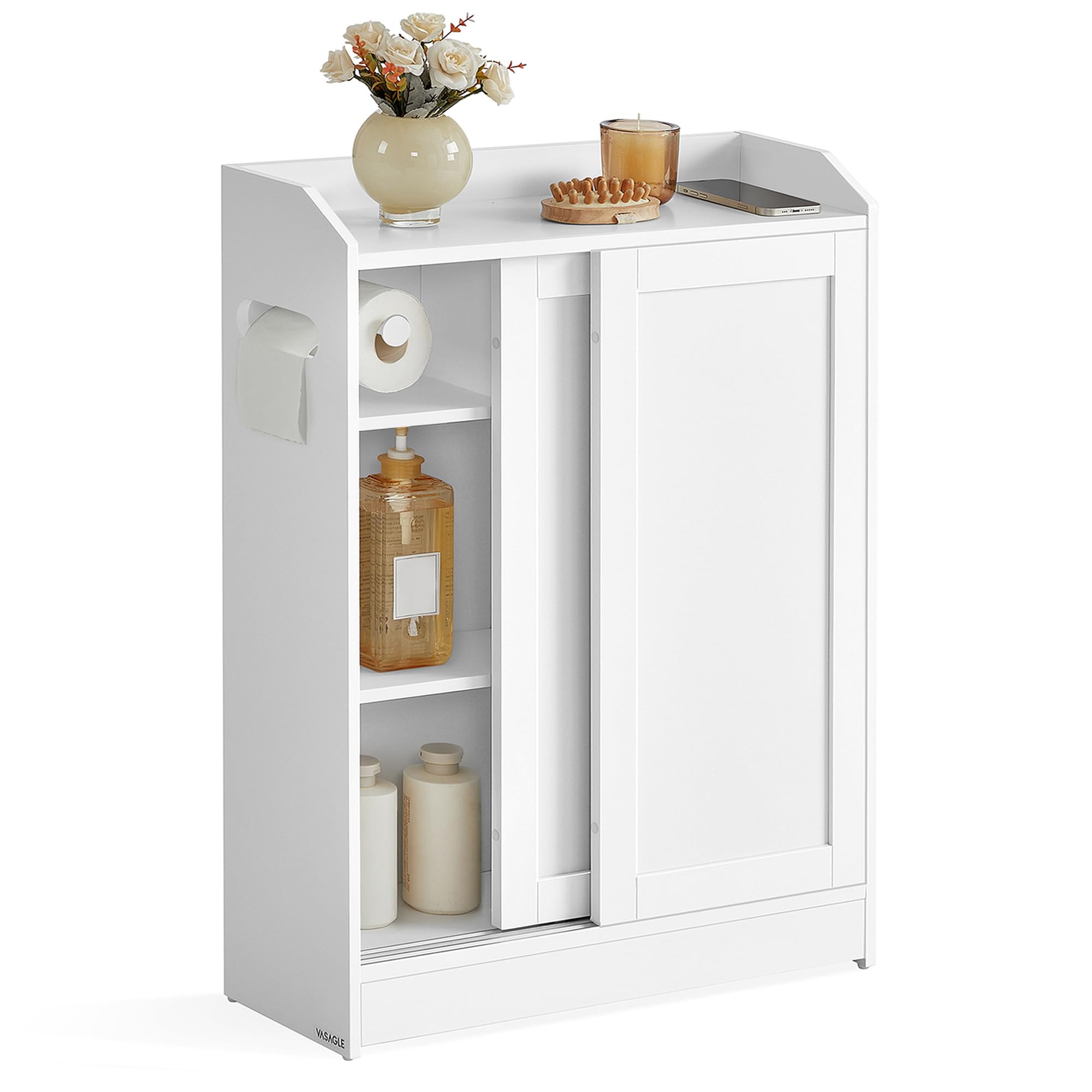 VASAGLE narrow storage cabinet with sliding doors keeps bathroom essentials neatly organized.