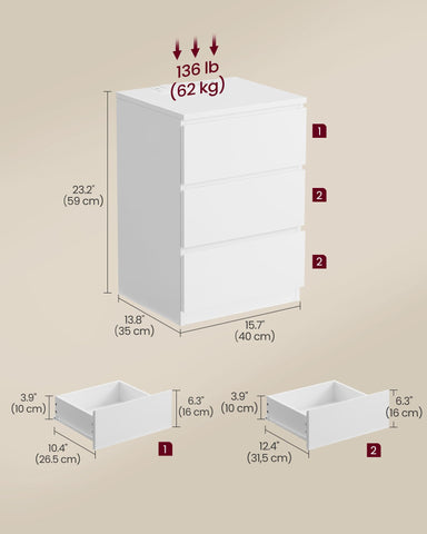 VASAGLE nightstand assembly with labeled parts and included tool for easy setup