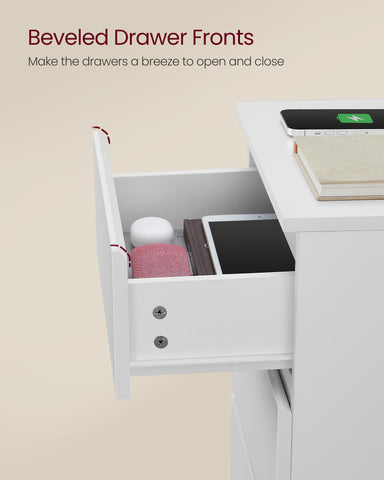 VASAGLE nightstand beside bed with lamp and phone within reach