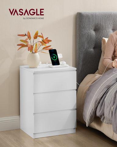 VASAGLE nightstand drawers open, highlighting large storage for magazines and remotes