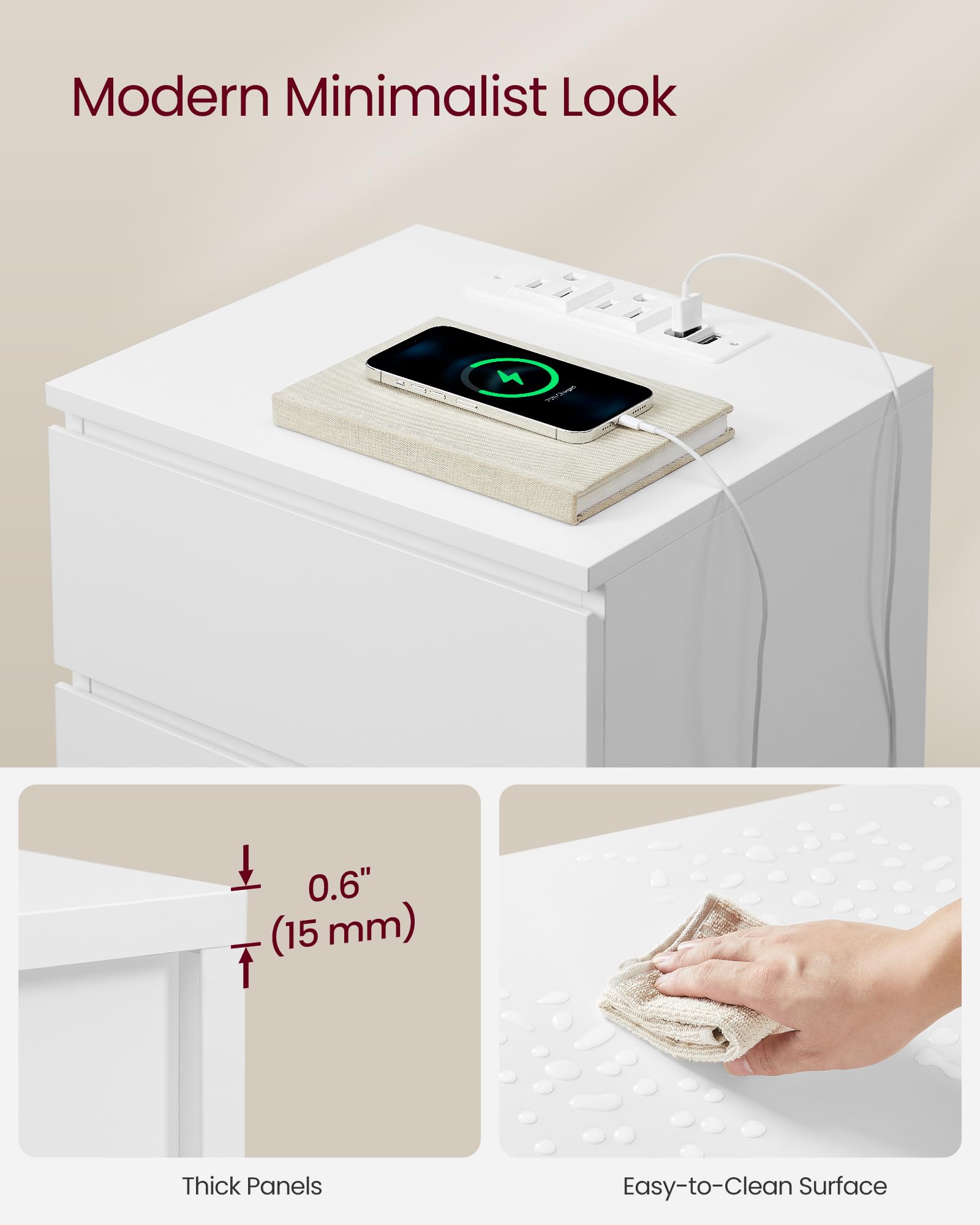 VASAGLE nightstand extension cord reaches from bed for convenient charging
