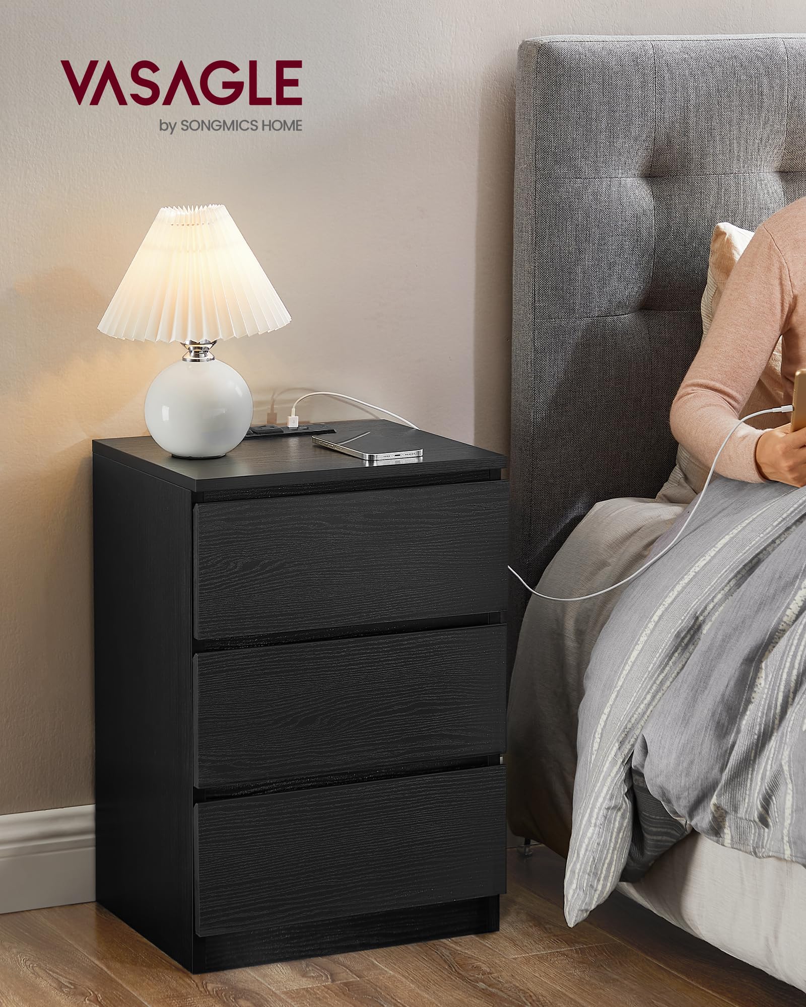 VASAGLE nightstands with AC outlets and USB ports for easy charging.