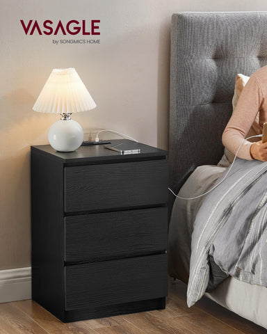 VASAGLE nightstands with AC outlets and USB ports for easy charging.