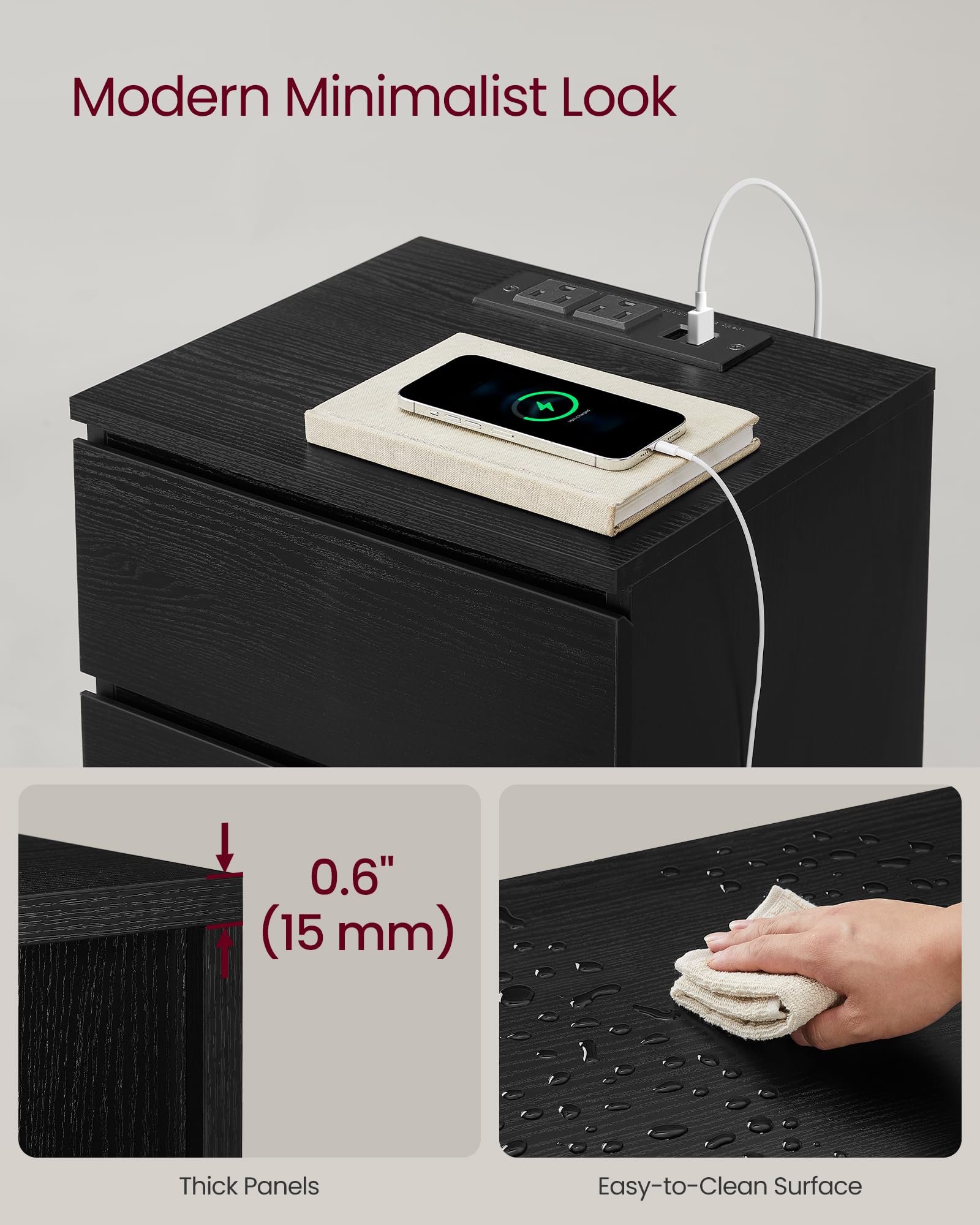 VASAGLE bedside tables with assembly tool included for quick setup.