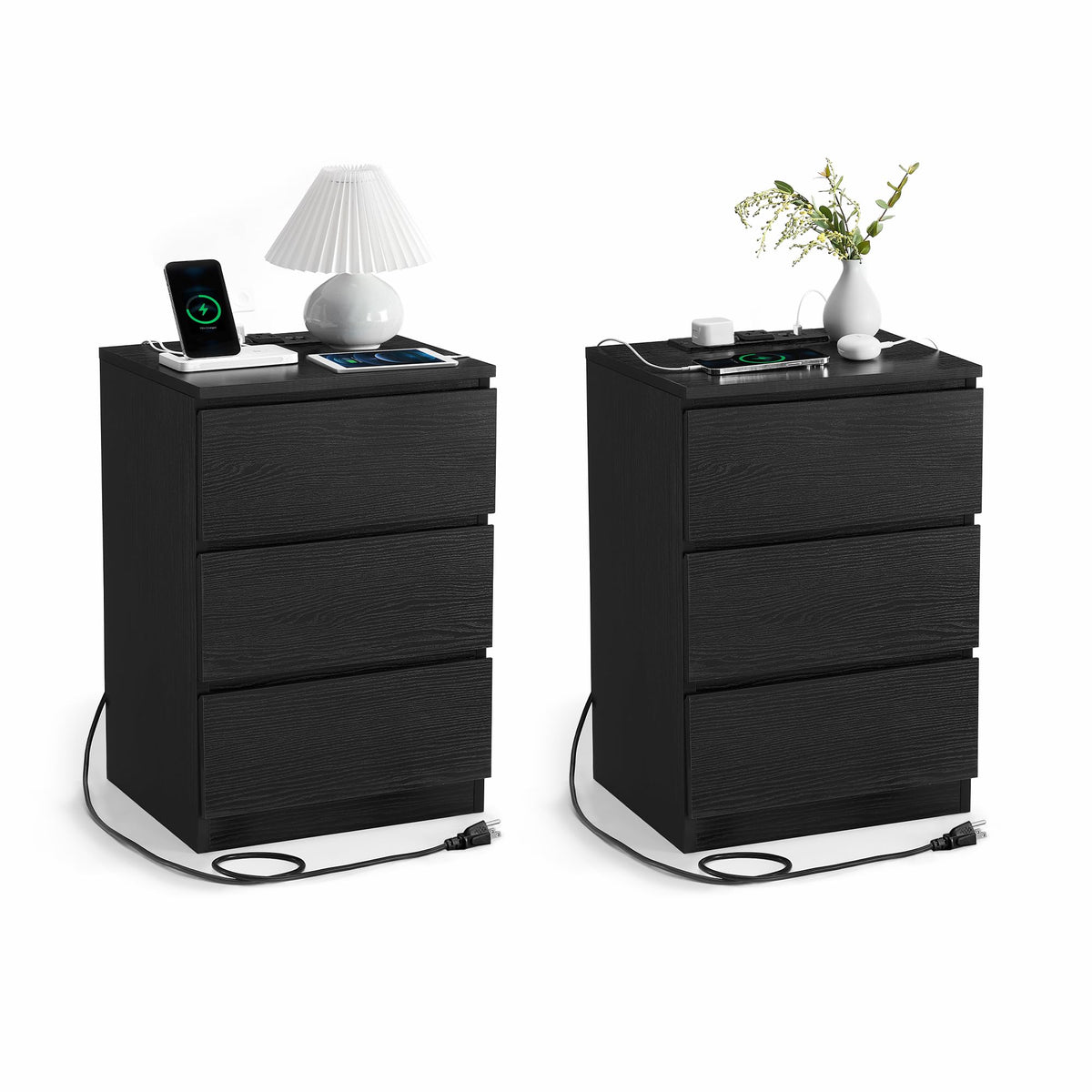 VASAGLE nightstands with charging station keep devices powered from bedside.