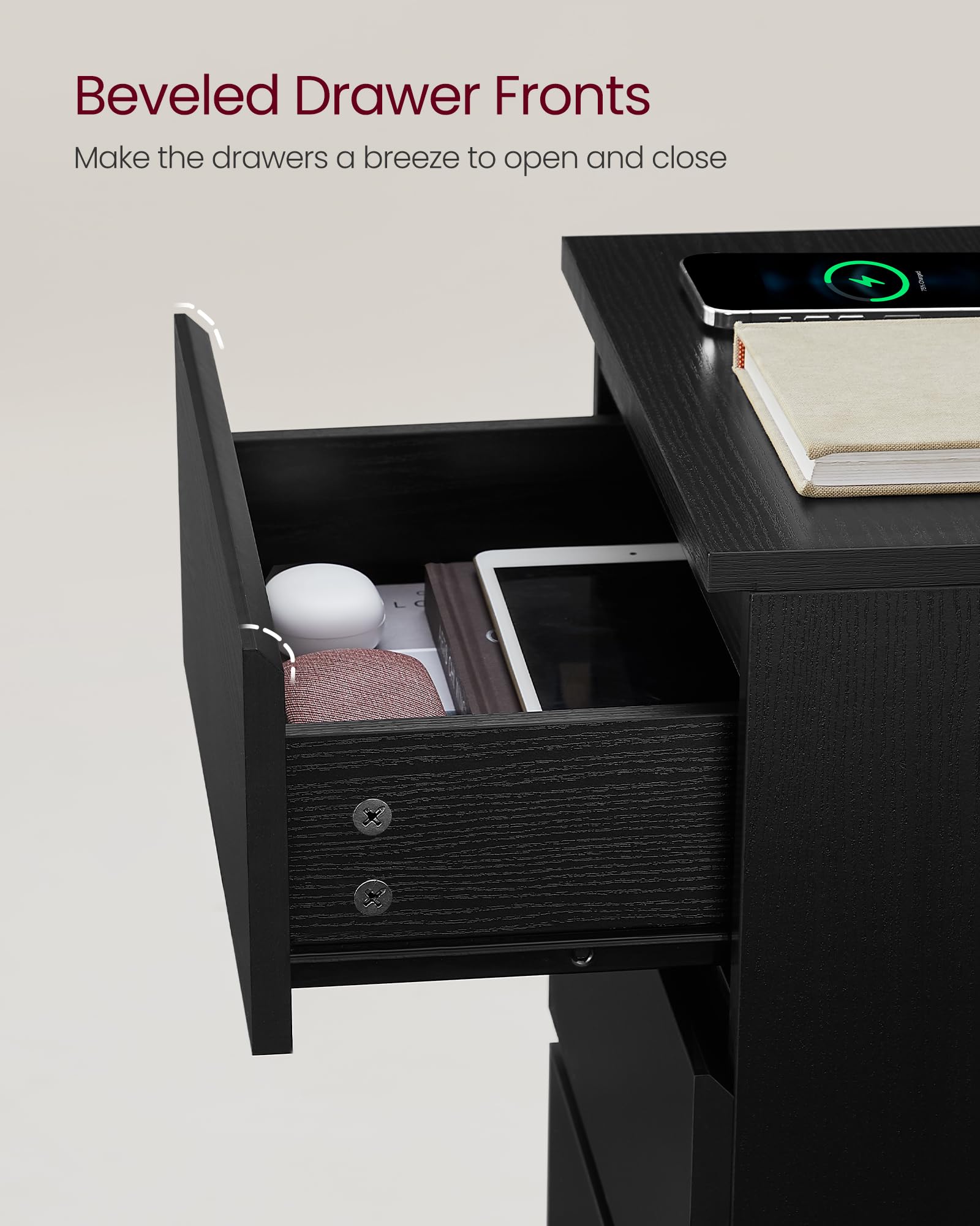 VASAGLE ebony black finish with invisible hardware for a sleek look.
