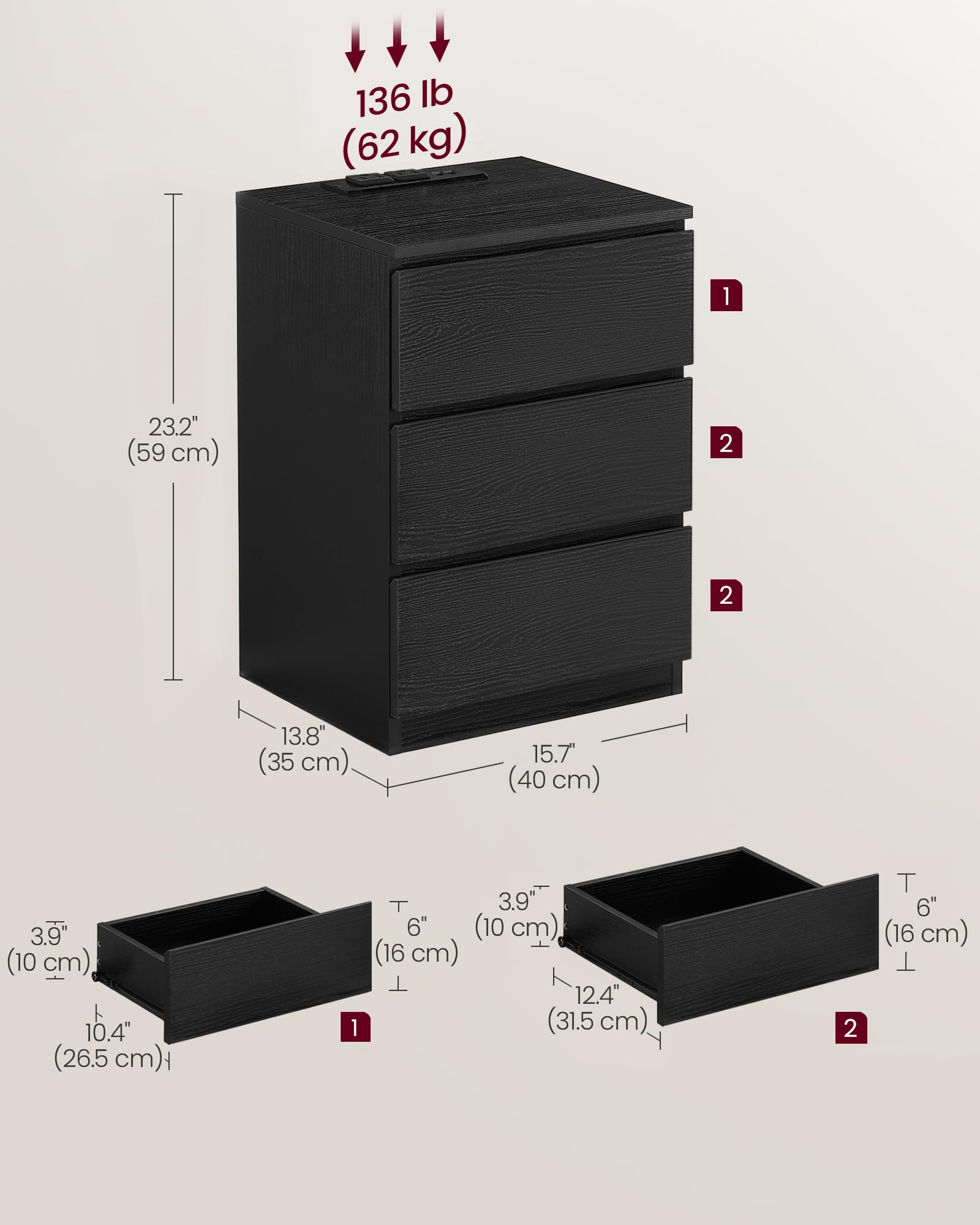 VASAGLE nightstands shown in a bedroom setup with cords and decor.