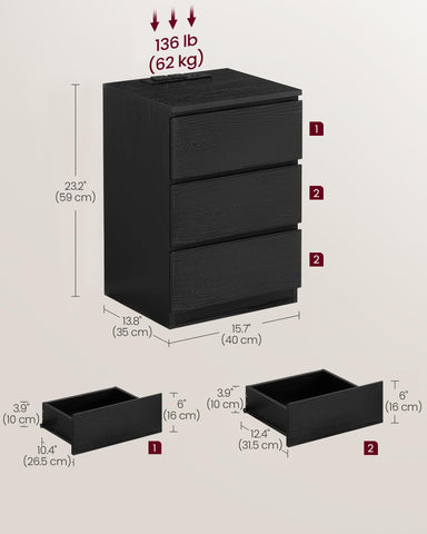 VASAGLE nightstands shown in a bedroom setup with cords and decor.