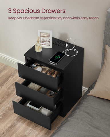 VASAGLE three-drawer bedside tables for organized storage.