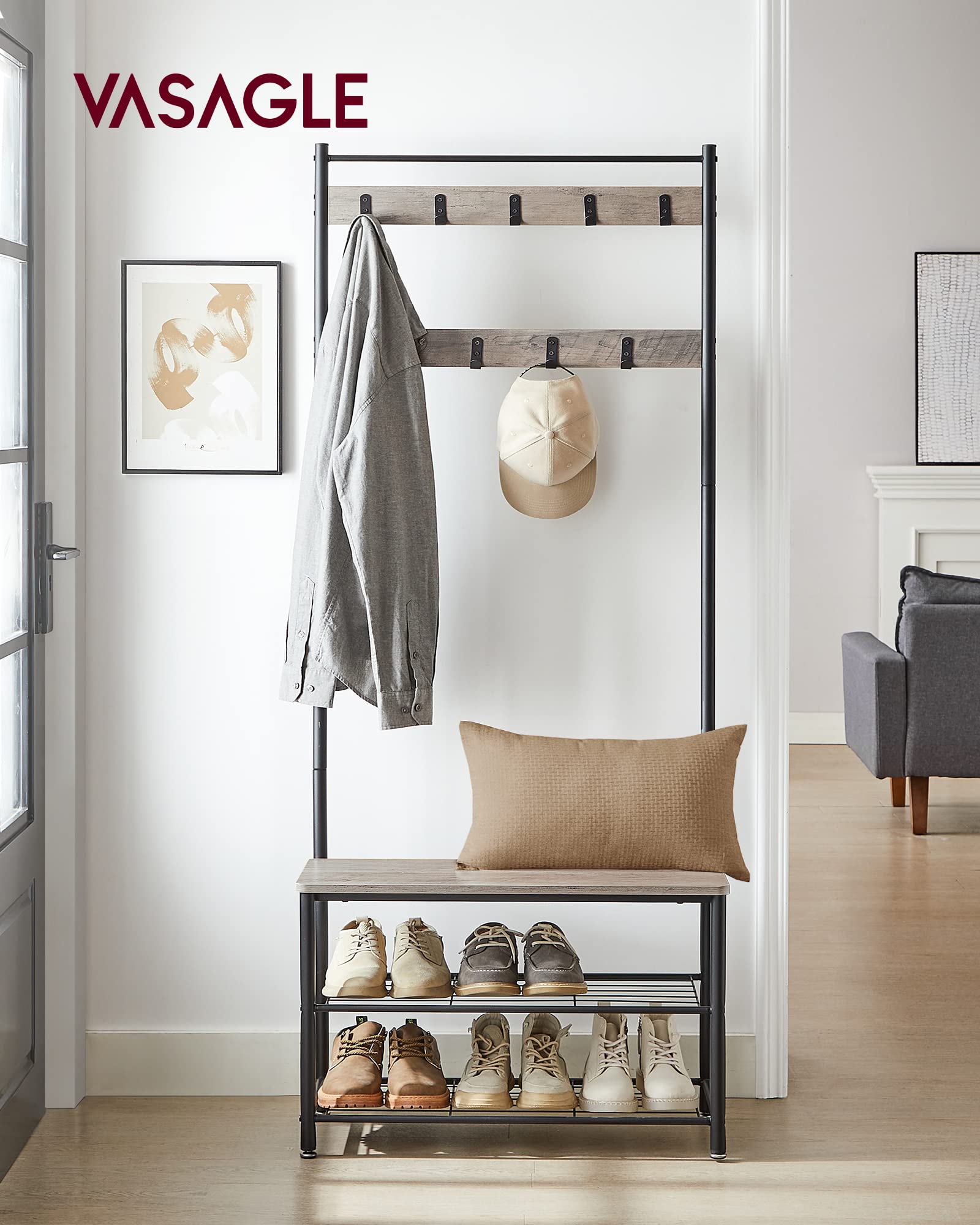 VASAGLE nine-hook coat tree supports coats and bags