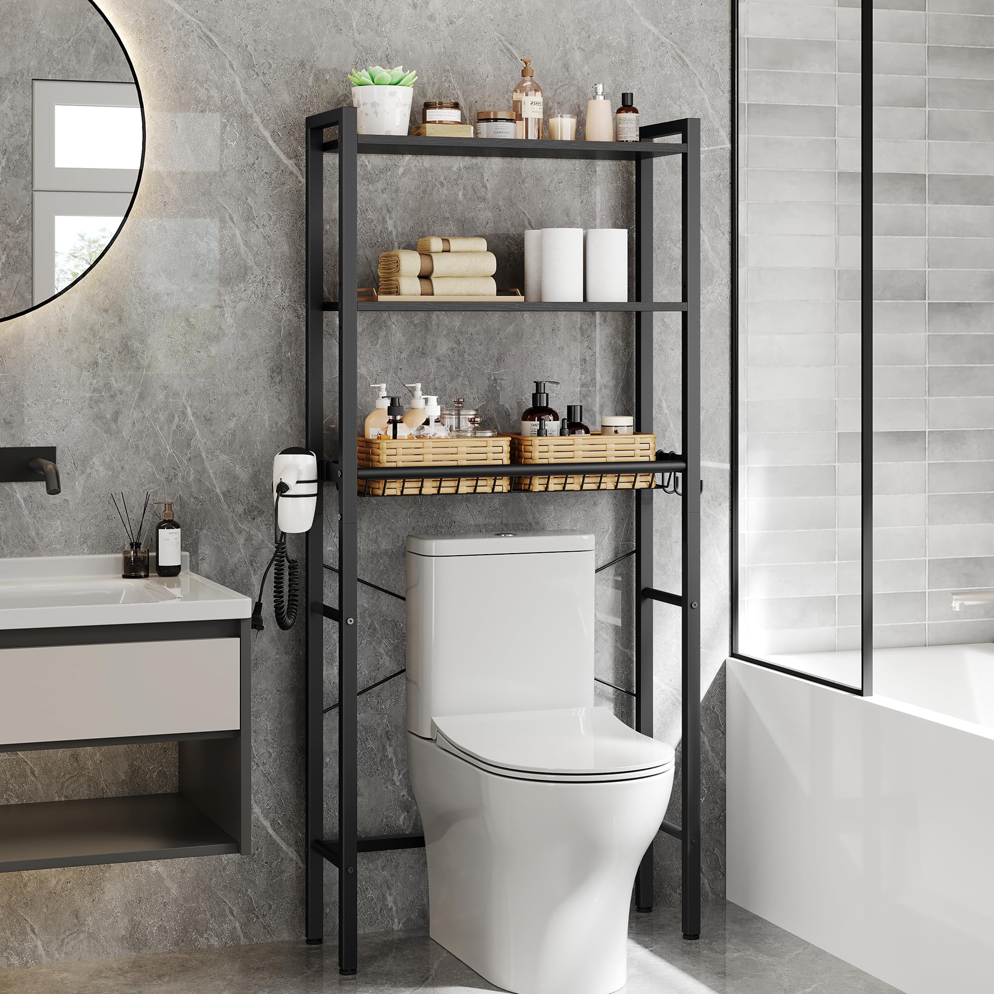 VASAGLE over-the-toilet storage front view shows ebony-black finish and sturdy frame.