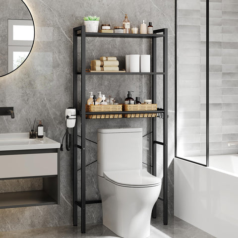 VASAGLE over-the-toilet storage front view shows ebony-black finish and sturdy frame.