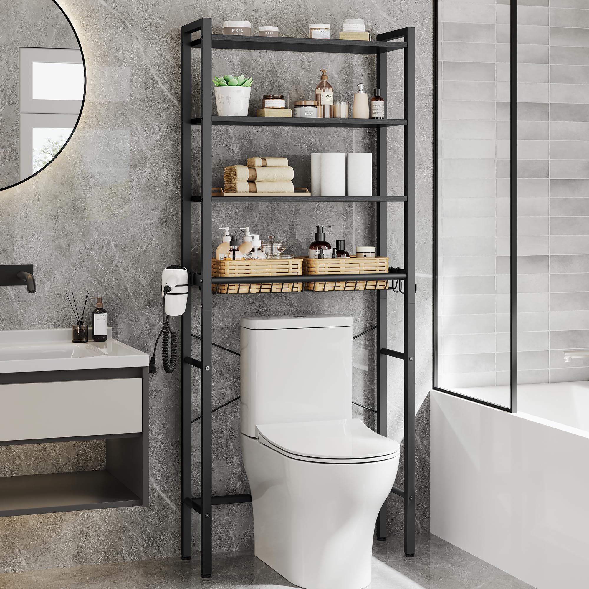 VASAGLE over-the-toilet shelf with Ebony Black finish provides organized bathroom storage