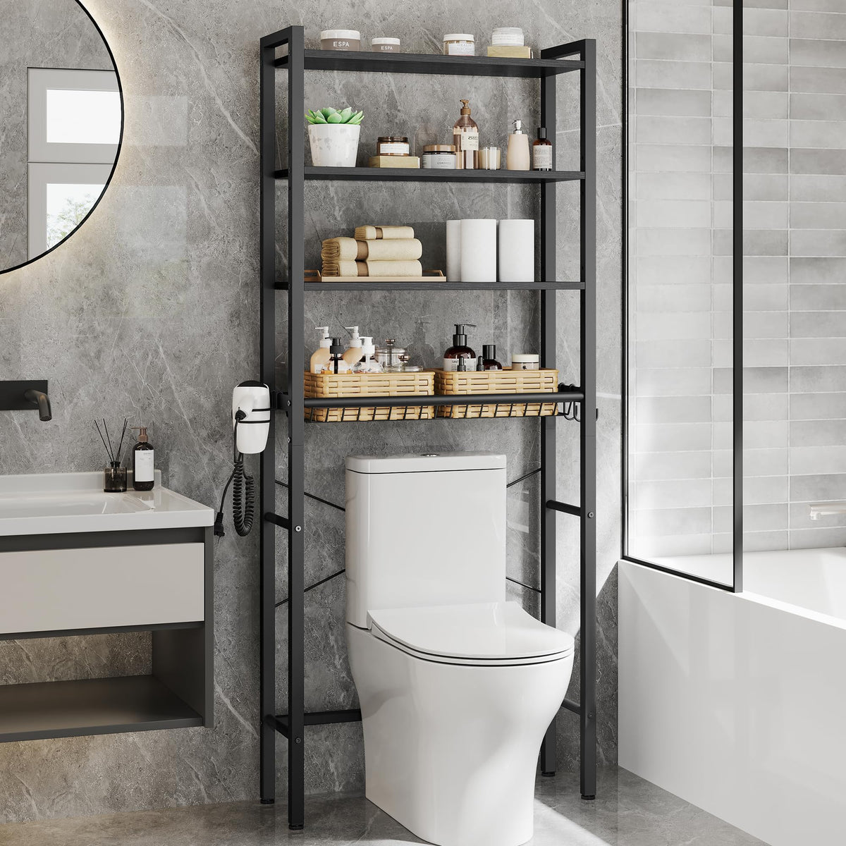 VASAGLE over-the-toilet shelf with Ebony Black finish provides organized bathroom storage