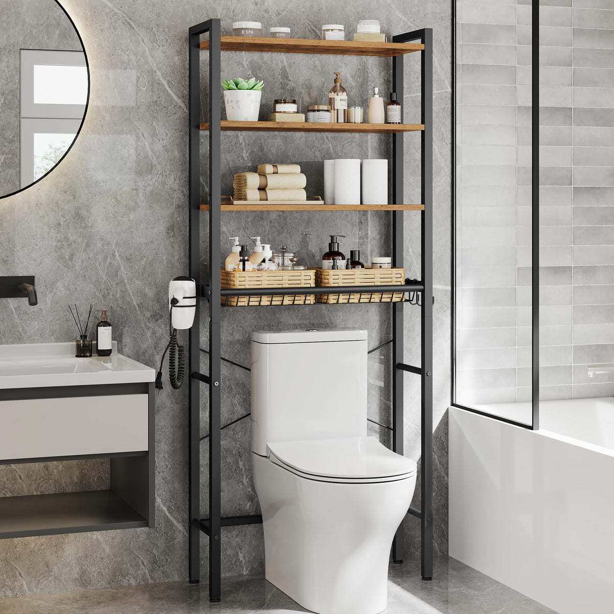 VASAGLE over-the-toilet storage with rustic brown frame offers versatile bathroom organization.