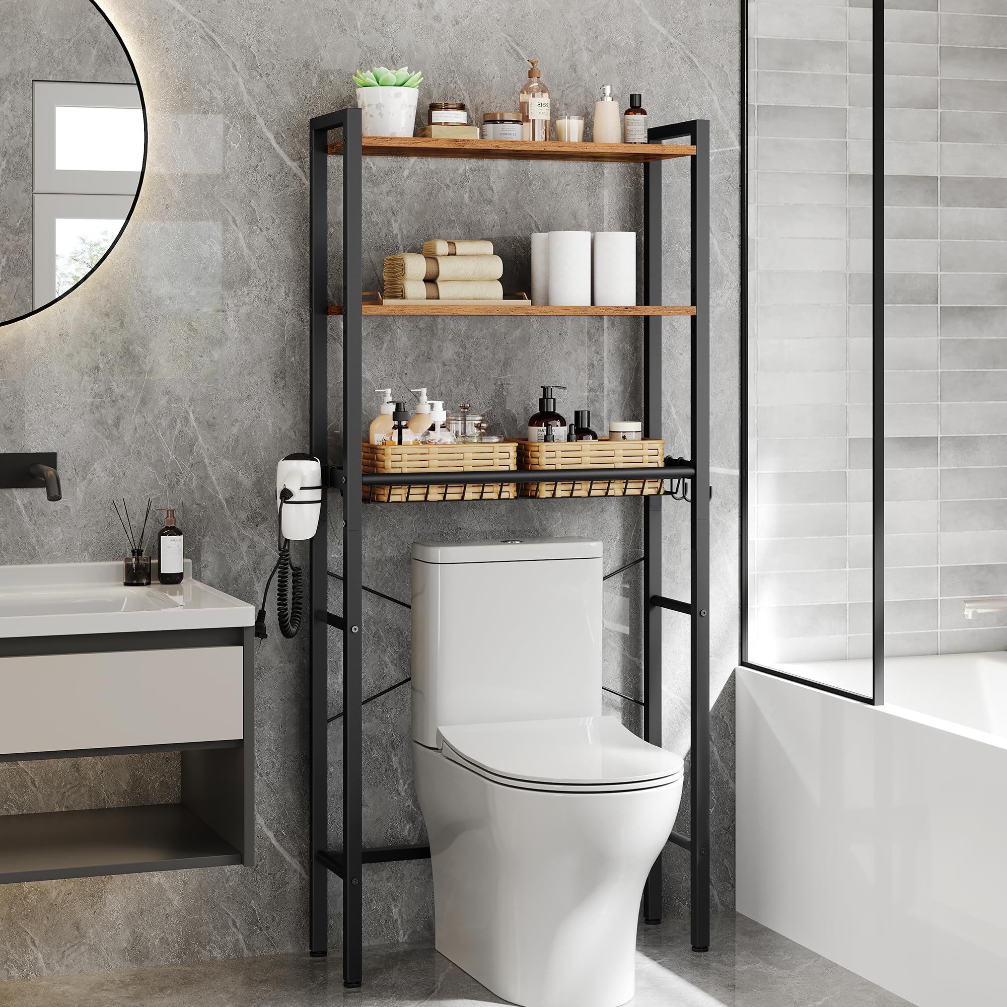 VASAGLE over-the-toilet storage front view with open shelves for essentials.