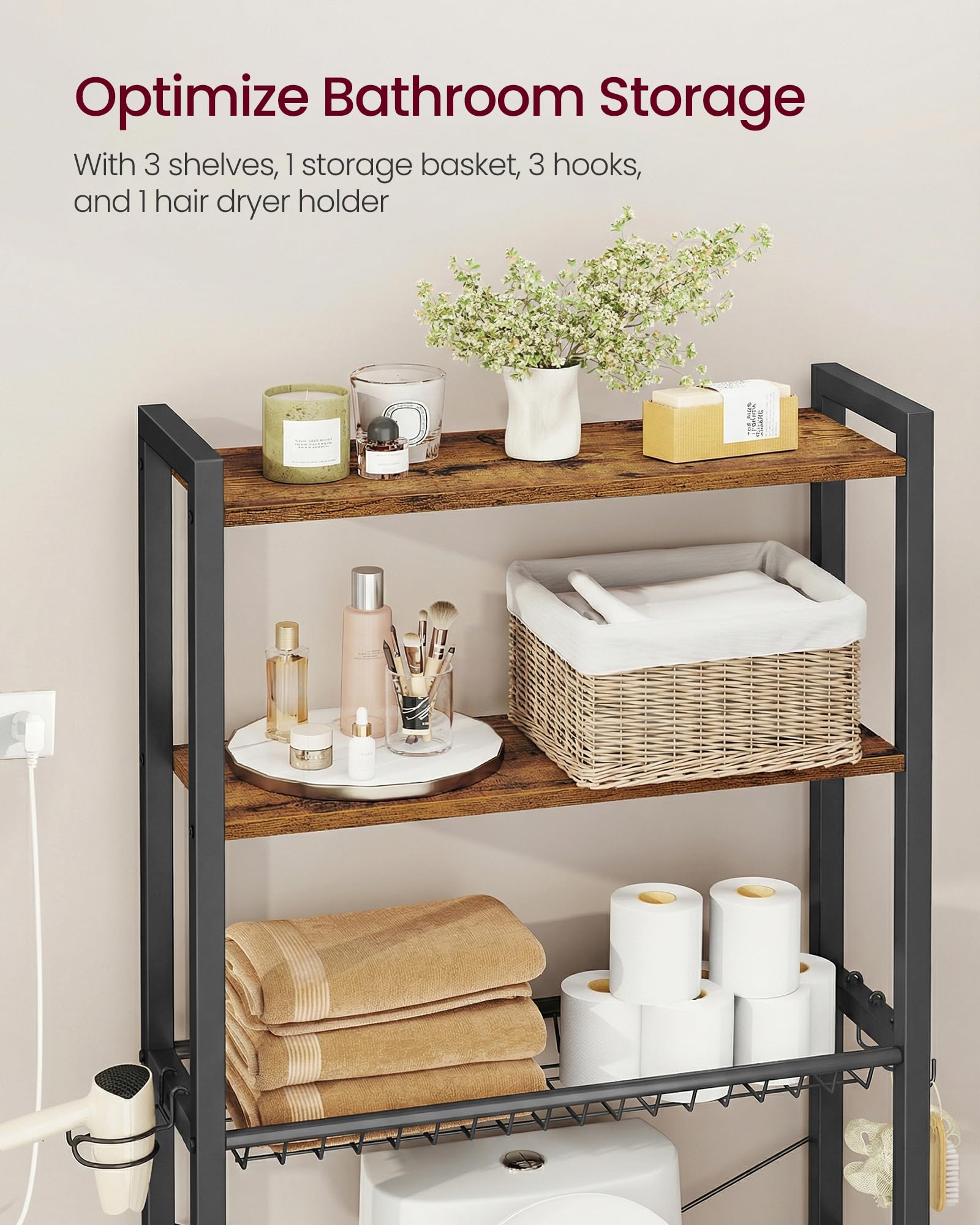 VASAGLE three removable hooks for hanging towels or robes.