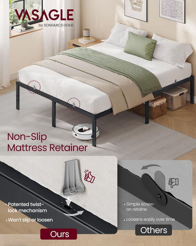 VASAGLE bed frame supports up to 1,100 lb with reinforced center support for stability.