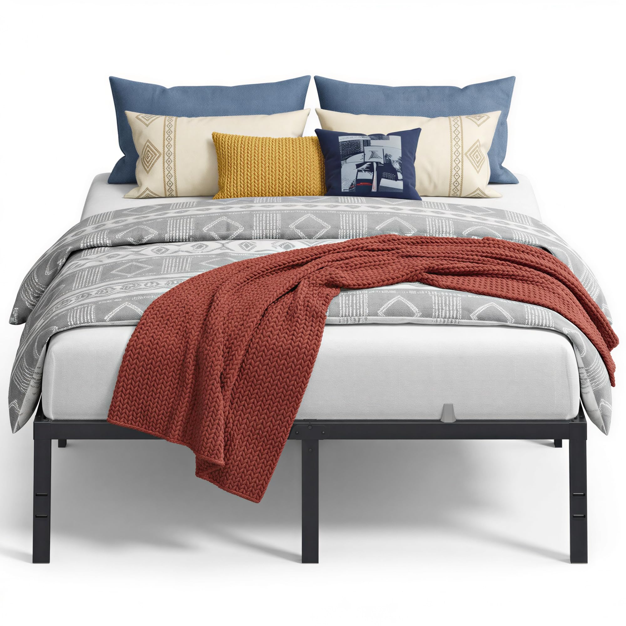 VASAGLE queen bed frame shows 16-inch height with sturdy steel build for spacious under-bed storage.