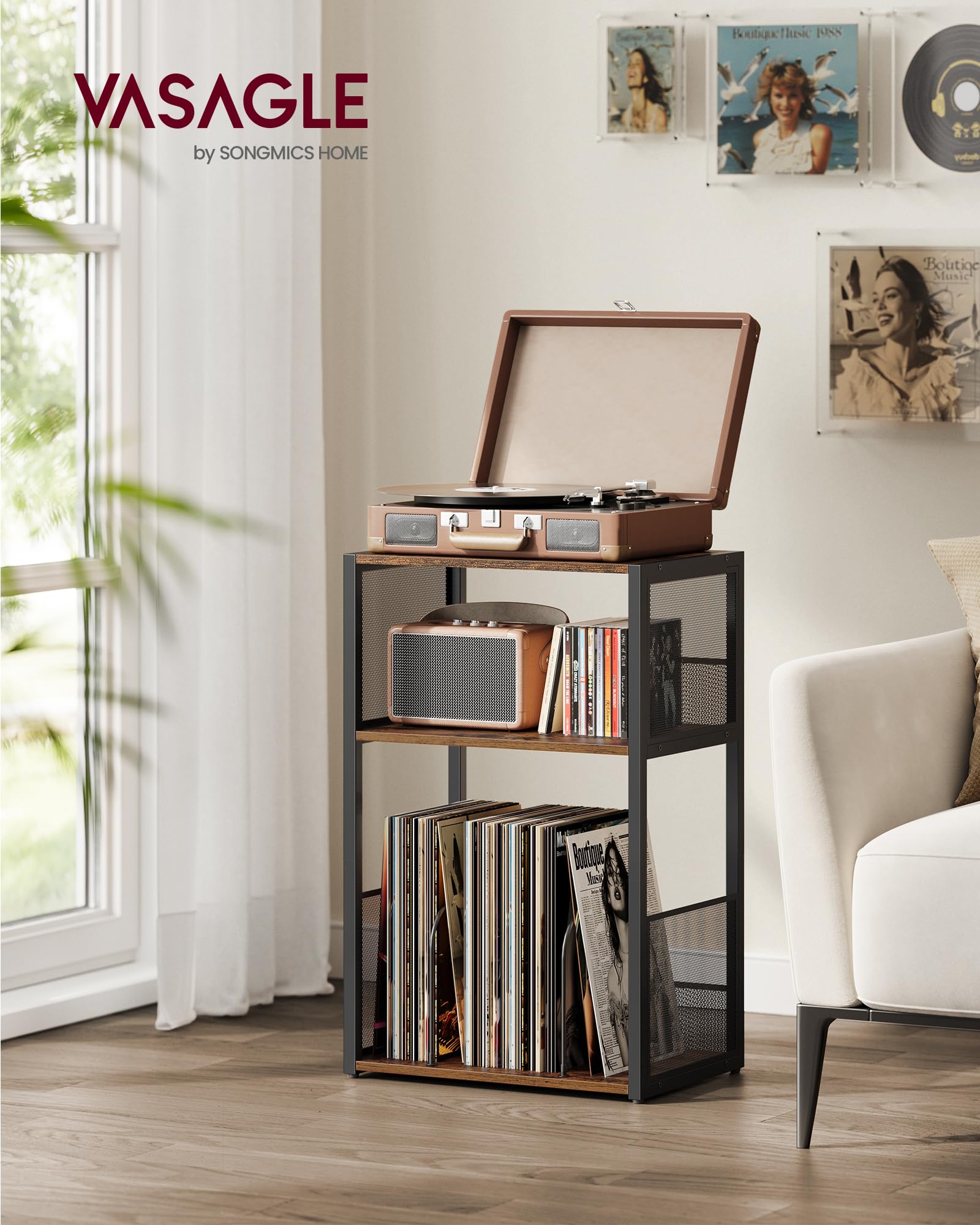 VASAGLE record-player stand 3-tier shelves organize up to 100 albums.