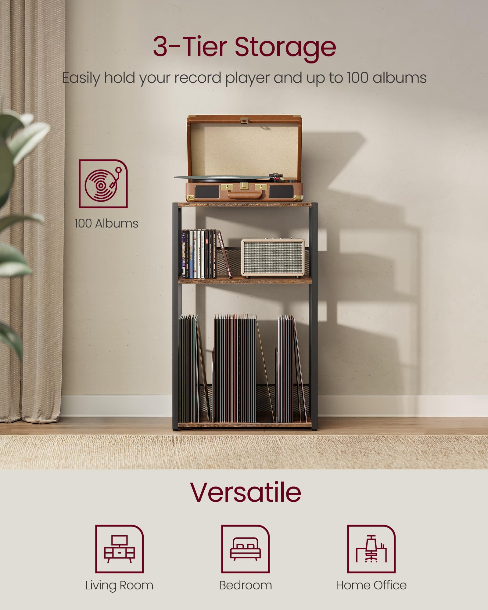 VASAGLE record player stand dense mesh keeps items from falling during use.