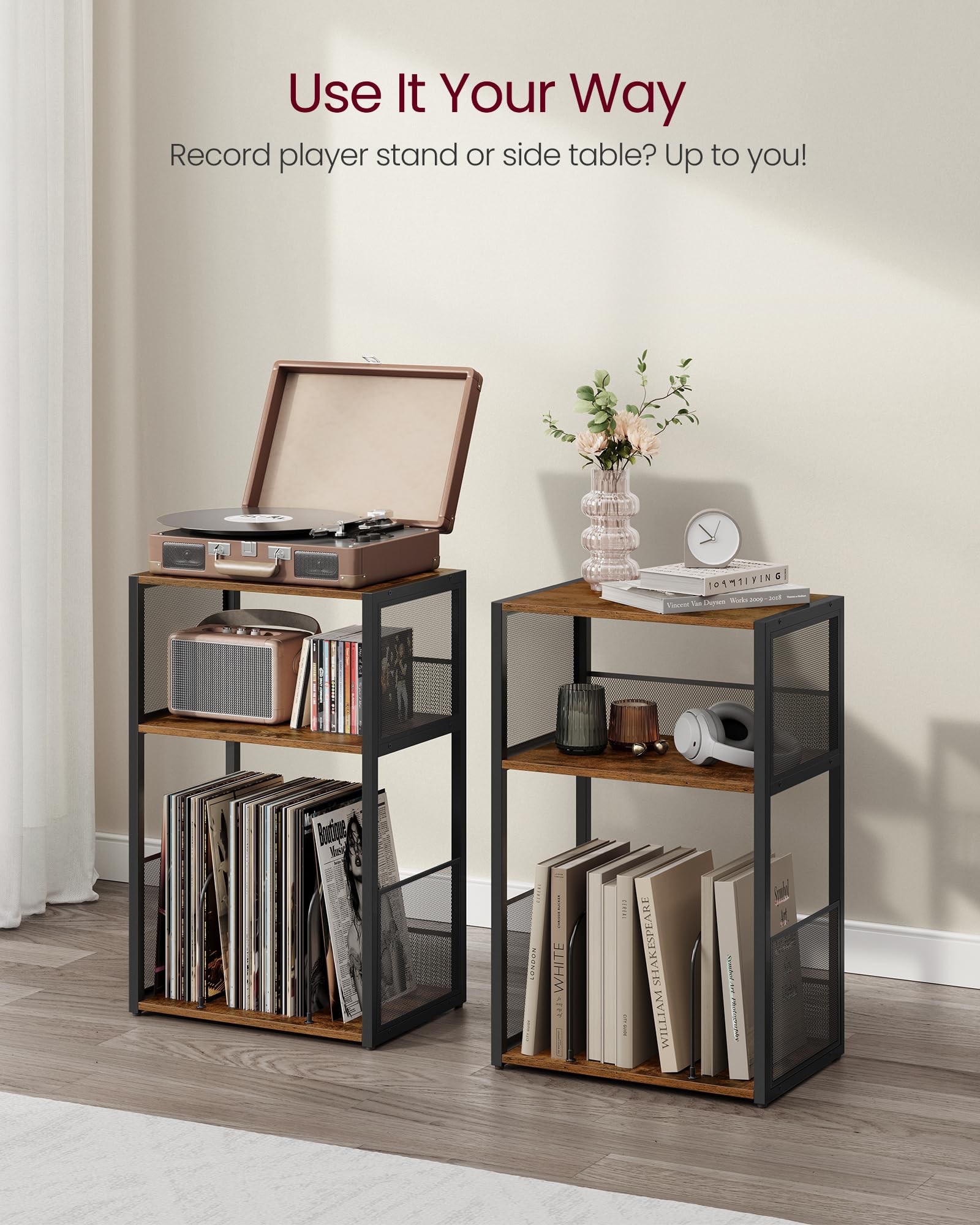 VASAGLE record player stand fits living room or bedroom setups with versatile storage.