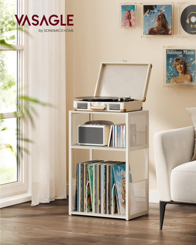 VASAGLE Record Player Stand open shelves organize up to 100 vinyl records.