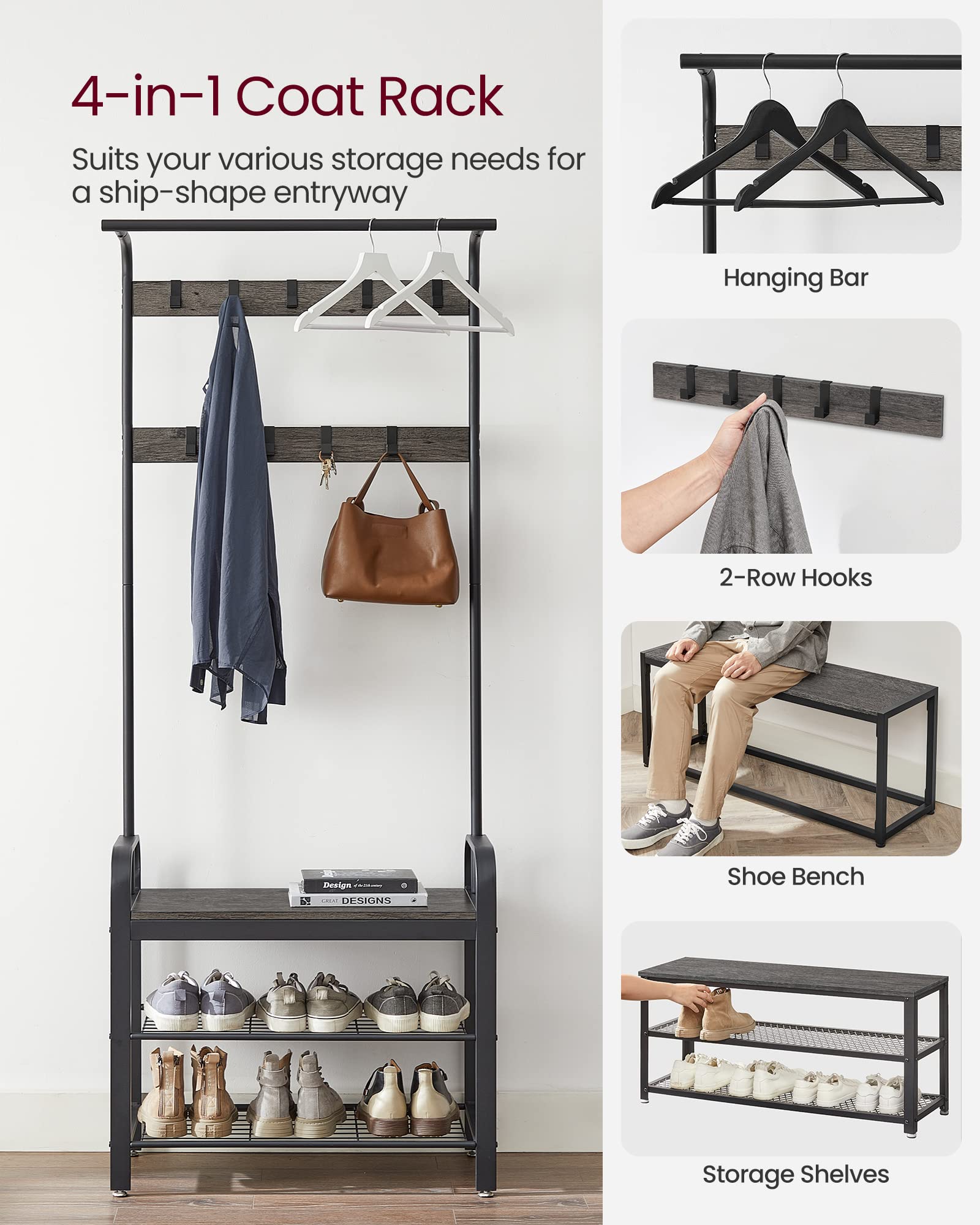 VASAGLE 9 removable hooks on hall tree offer flexible organization.