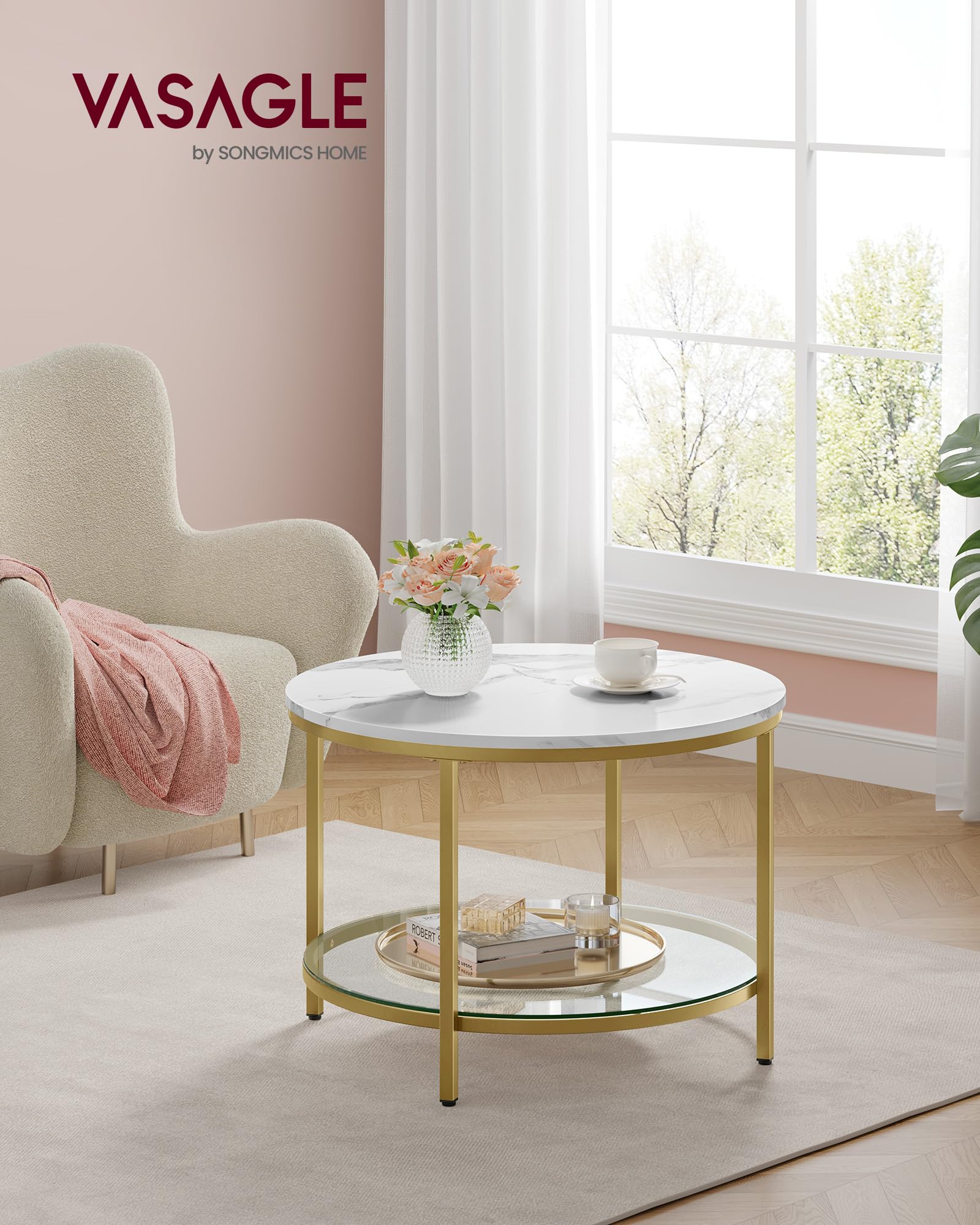 VASAGLE round coffee table full view highlights two-tier storage design.
