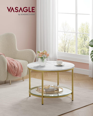 VASAGLE round coffee table full view highlights two-tier storage design.