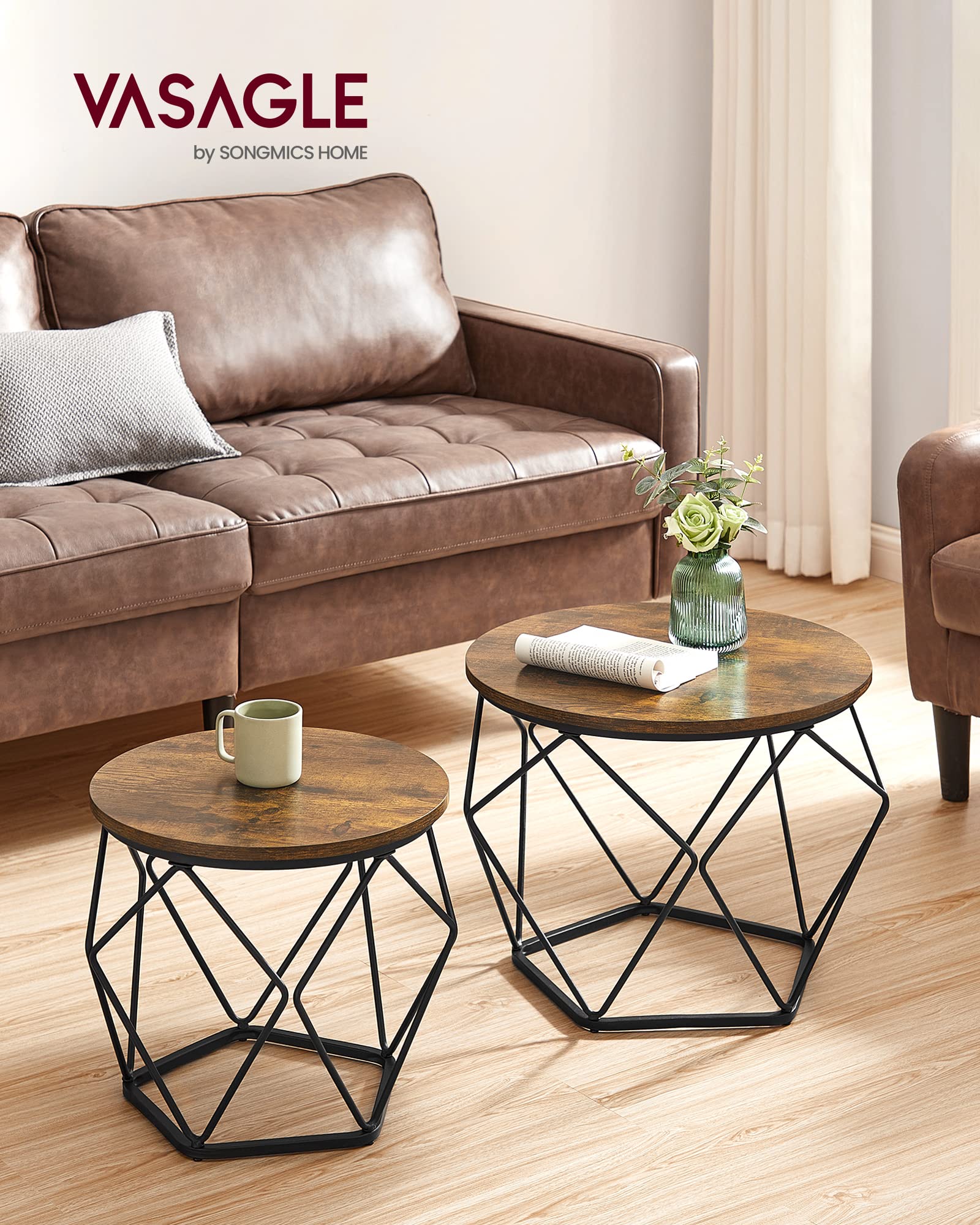 VASAGLE round coffee table with ink-black steel base for everyday use.