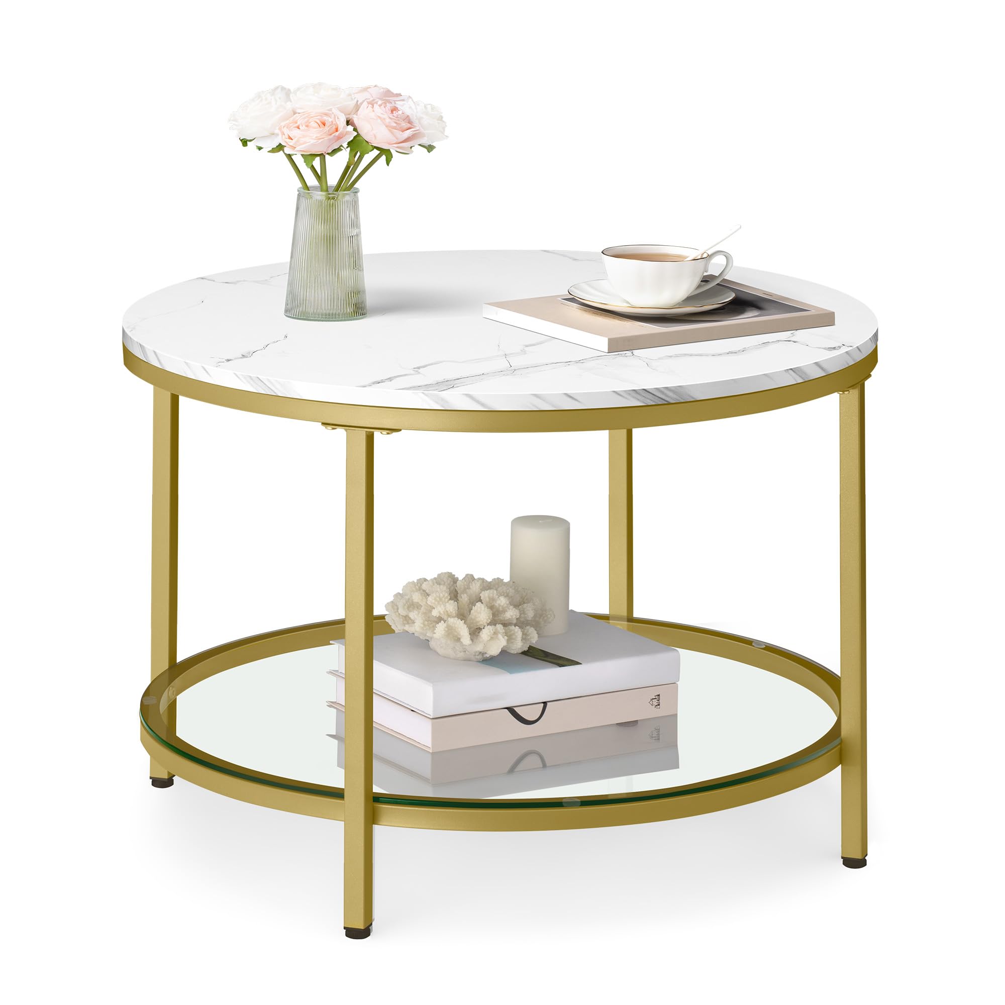 VASAGLE round coffee table marble top enhances living room style and practicality.