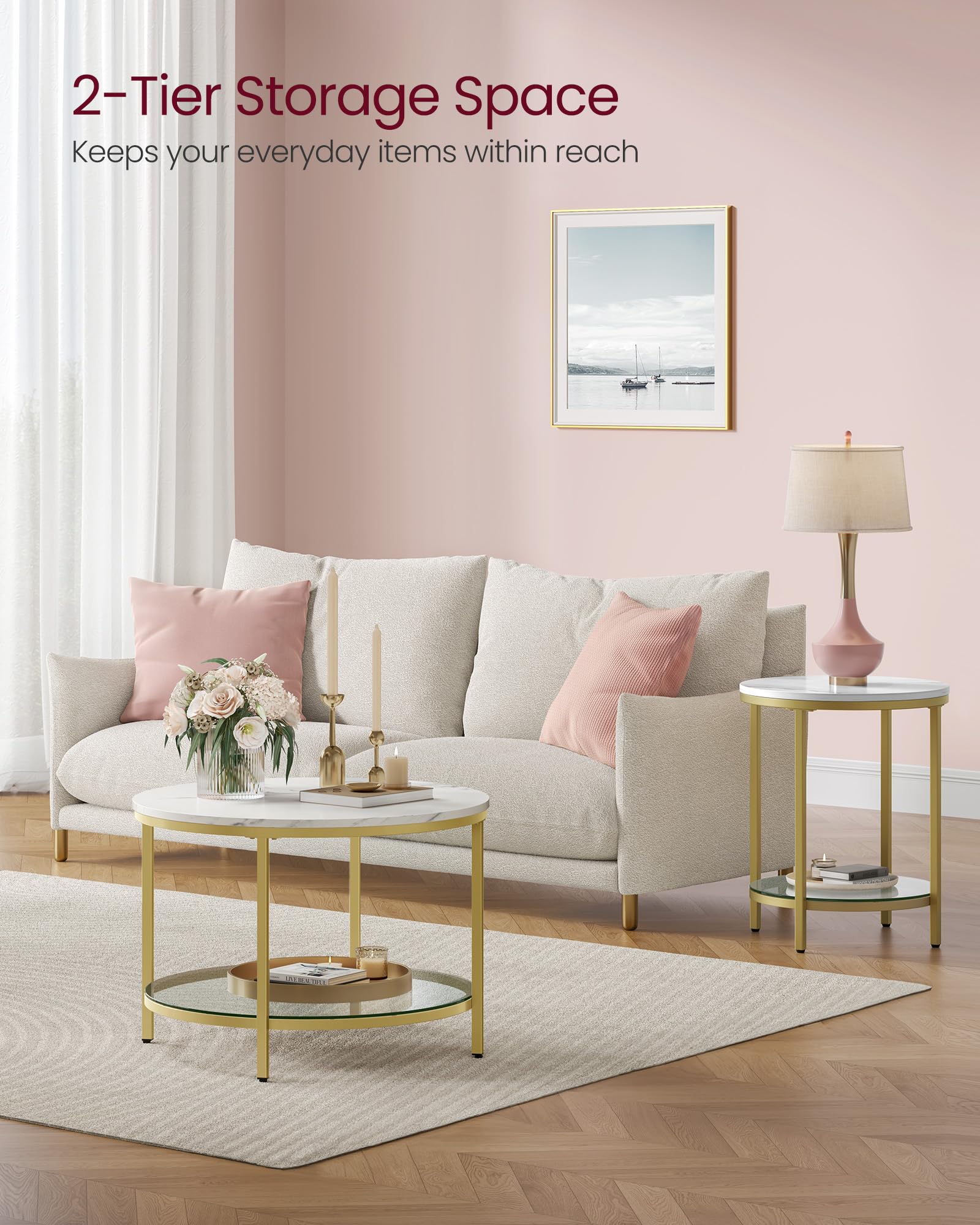VASAGLE pale gold legs add warmth to the modern look.