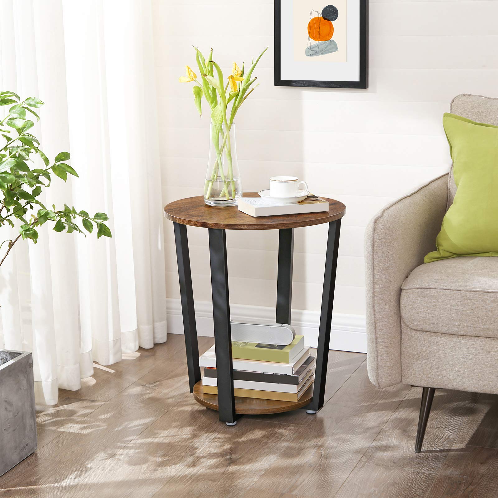 VASAGLE round side table front view highlighting two-tier storage and easy reach