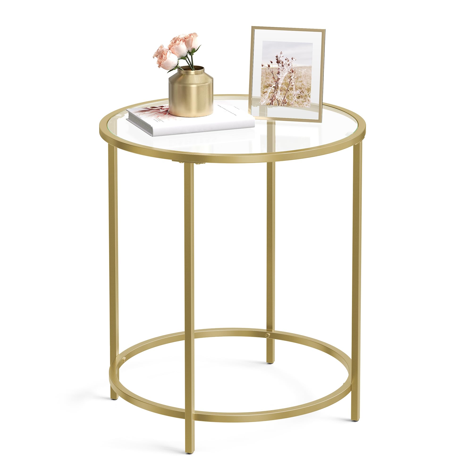 VASAGLE round side table with glass top and gold frame for daily living room use.