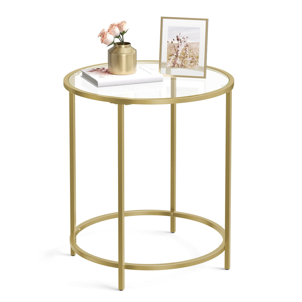 VASAGLE round side table with glass top and gold frame for daily living room use.