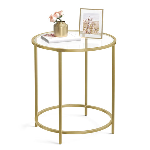 VASAGLE round side table with glass top and gold frame for daily living room use.