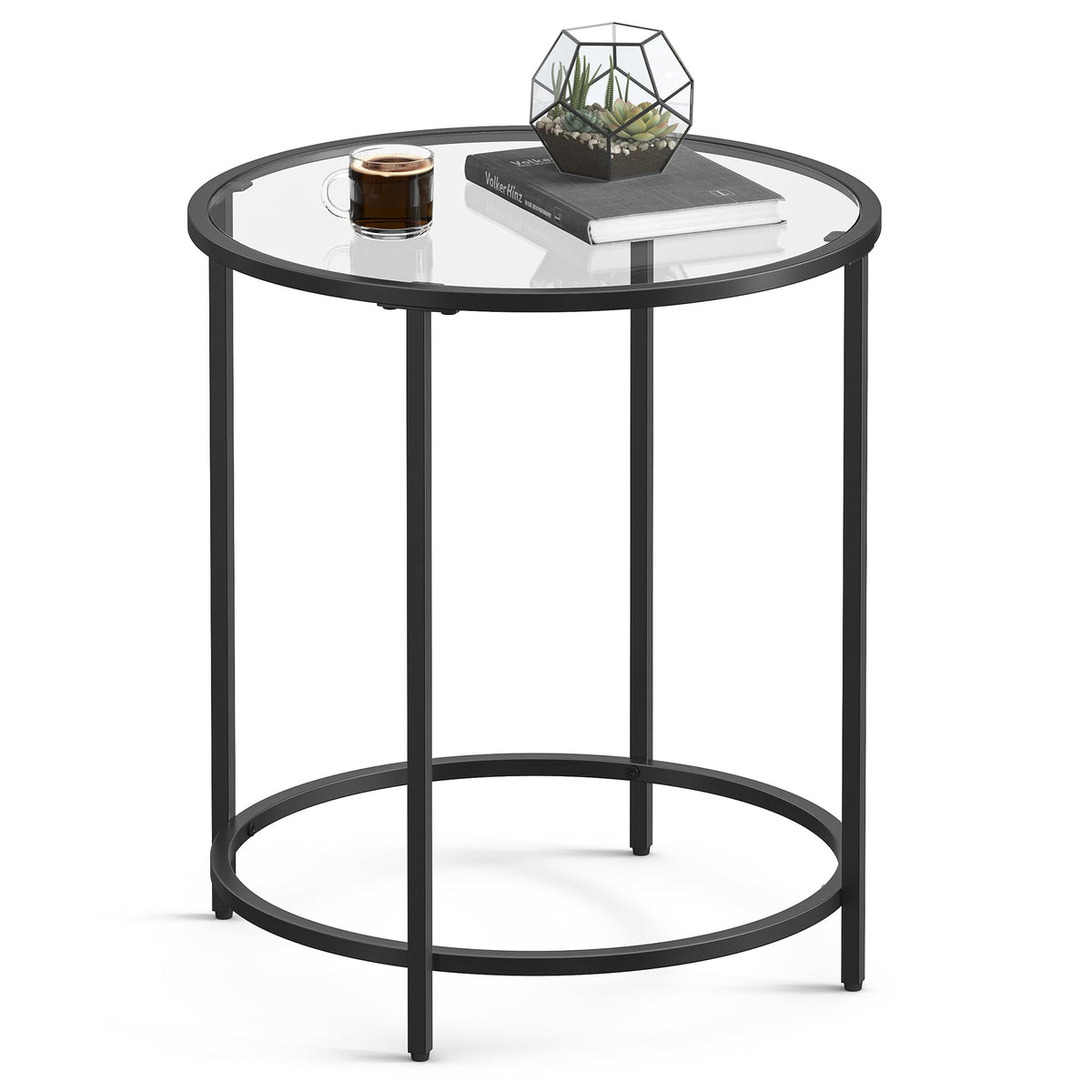 VASAGLE round side table with glass top for a modern living space
