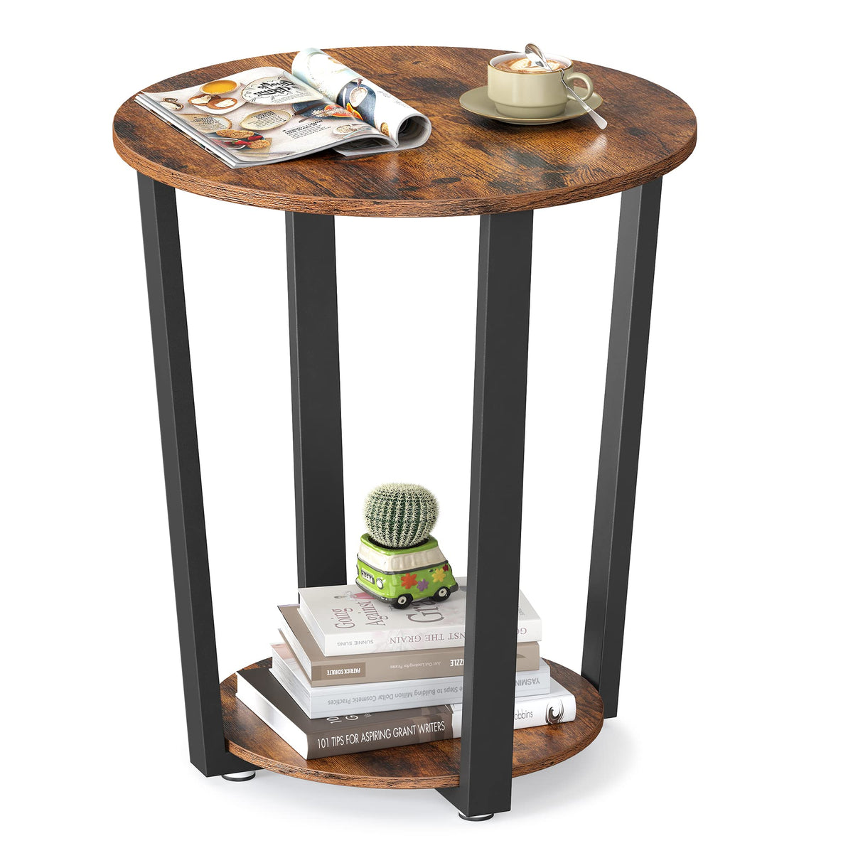 VASAGLE round side table top view shows rustic brown top and sturdy black frame for small spaces