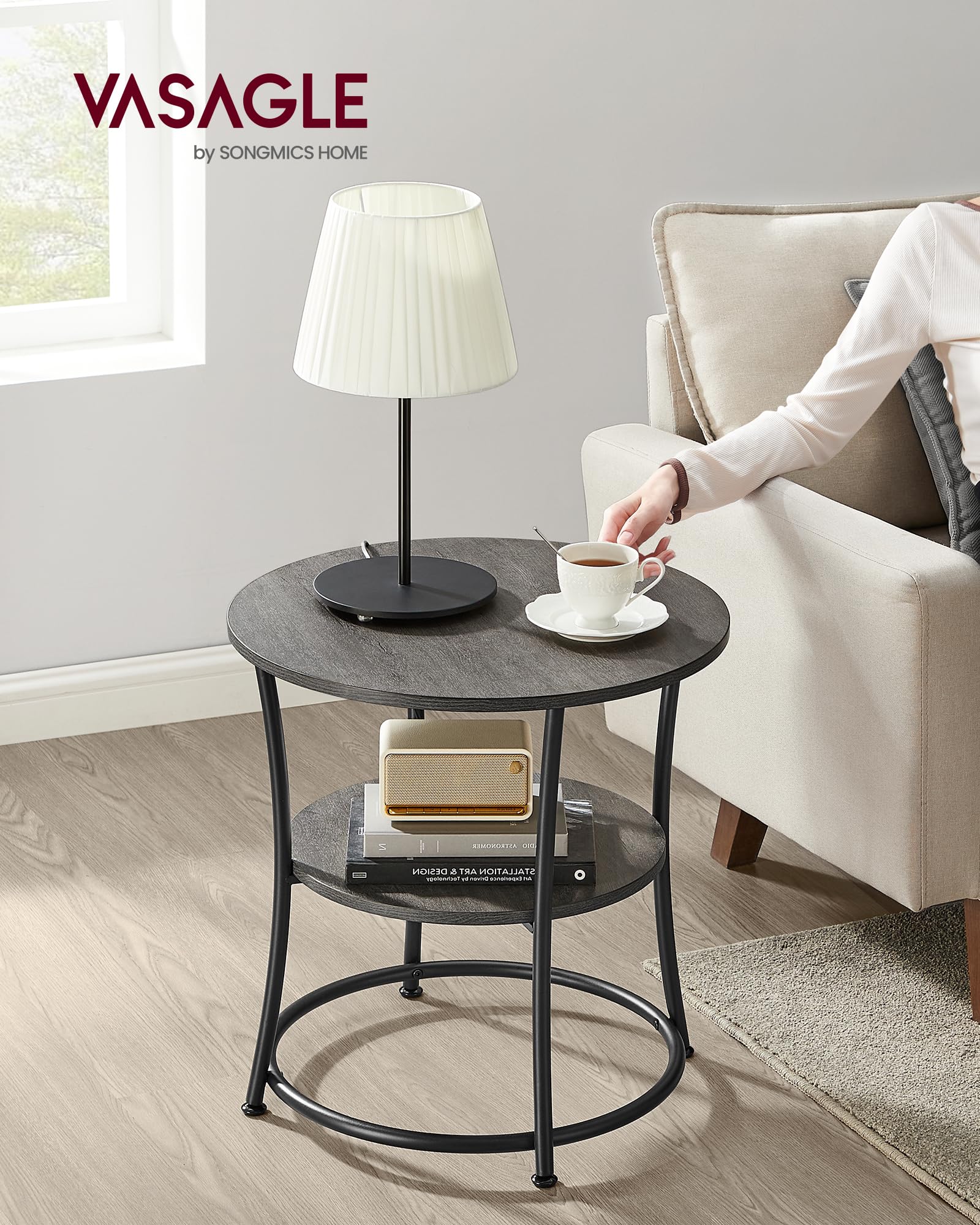 VASAGLE two-tier shelves visible for organized storage beside sofa