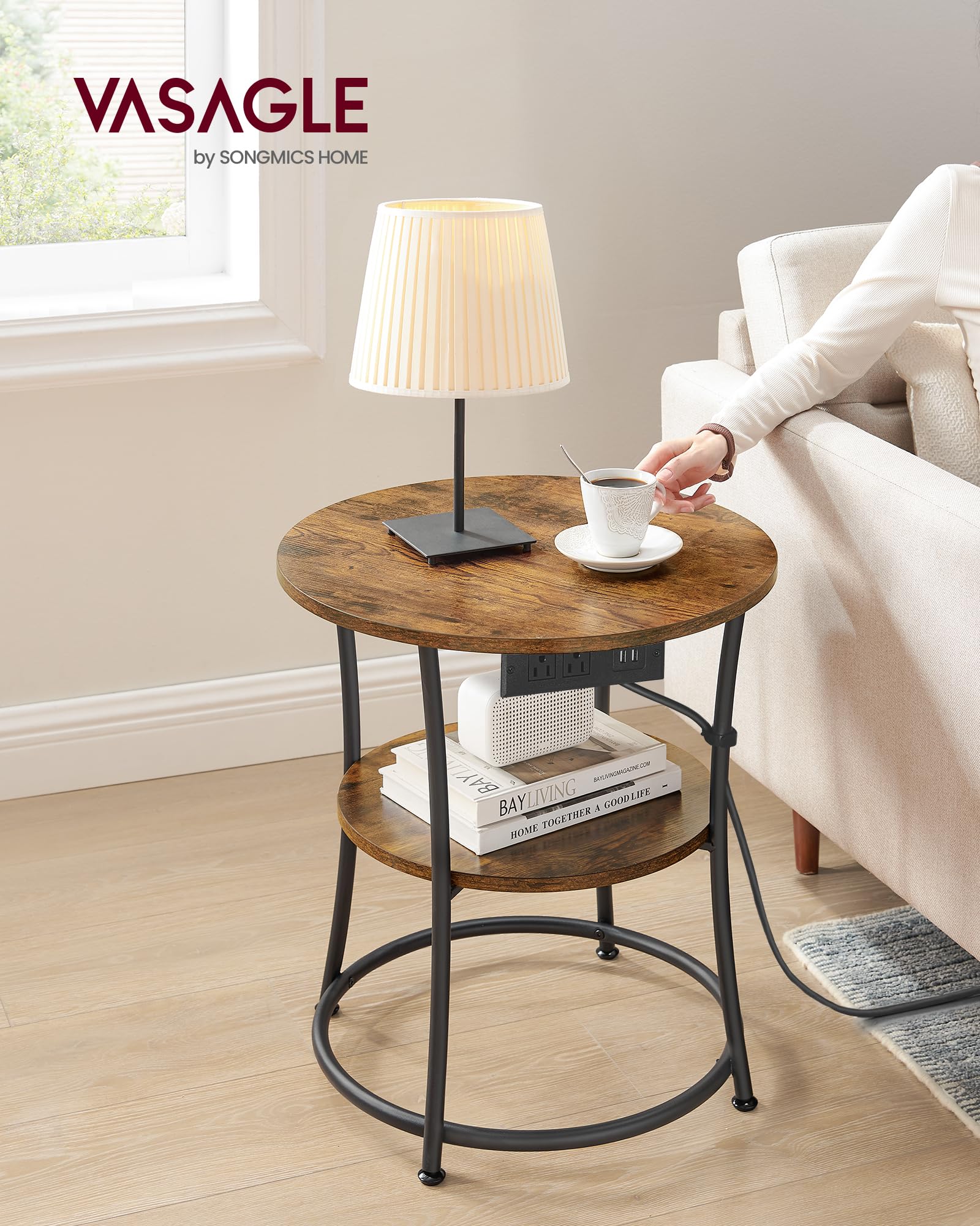 VASAGLE round side table two-tier shelves provide organized storage beside seating.