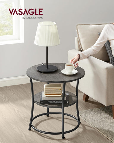 VASAGLE two-tier shelves visible for organized storage beside sofa