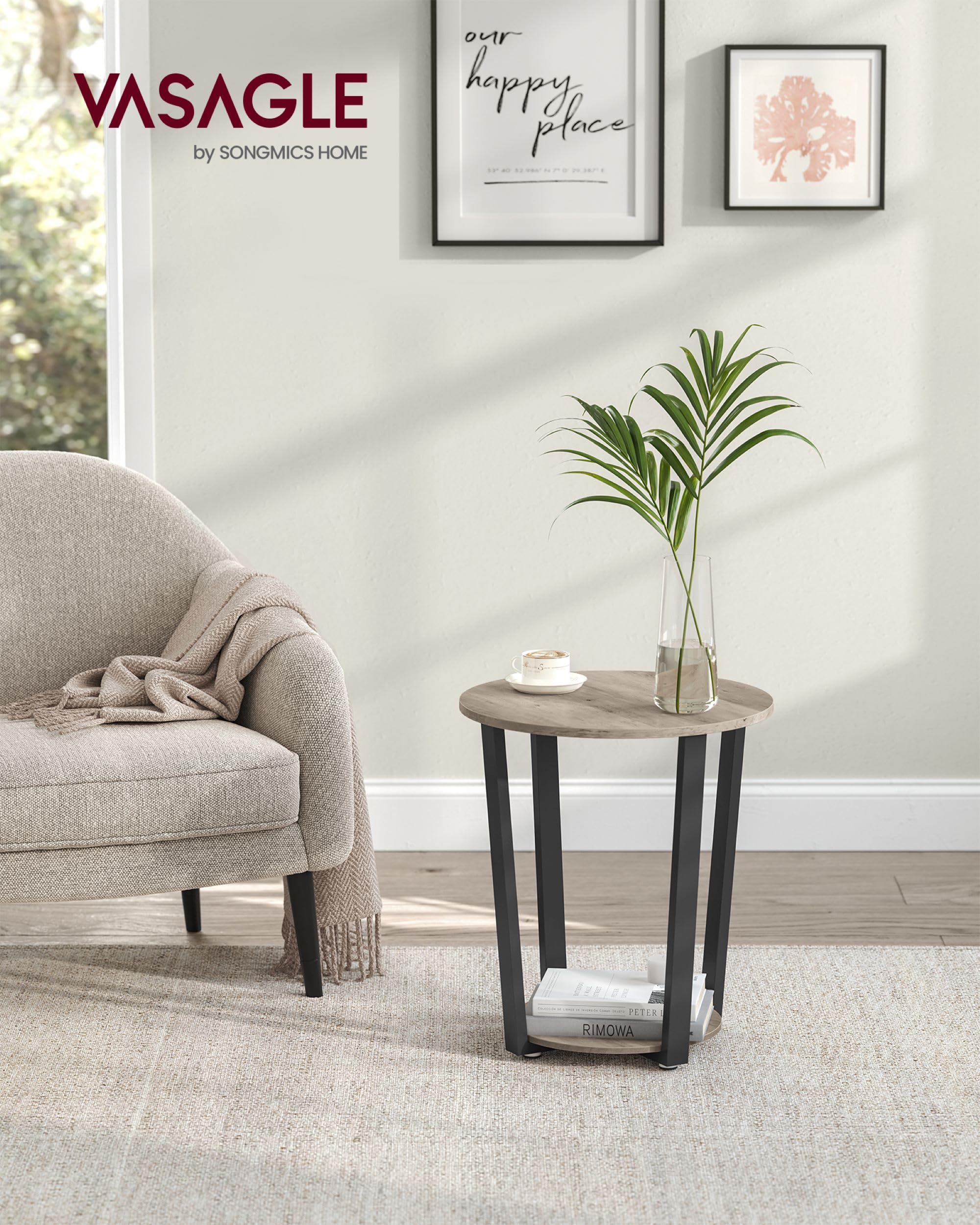 VASAGLE Heather Greige top and Ink Black frame enhance bedside or living room decor.
